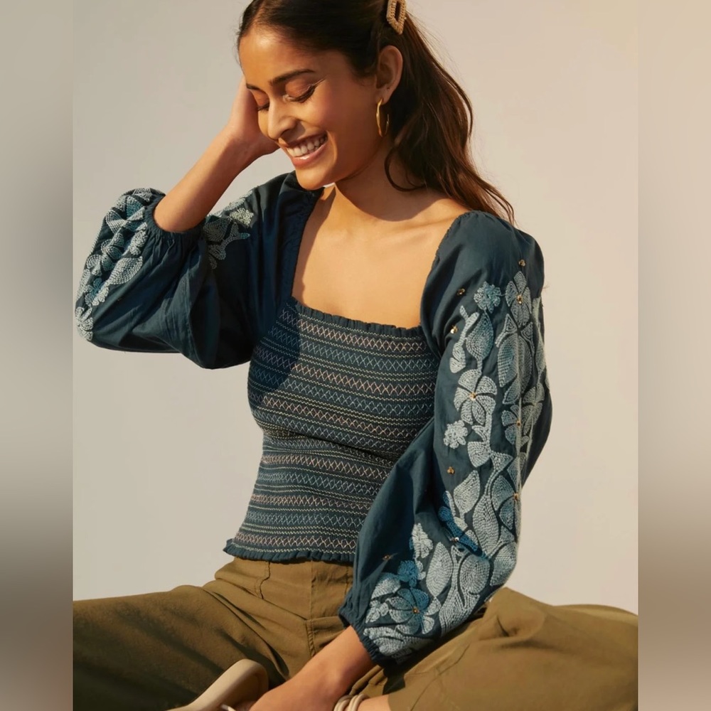 Anthropologie Smocked Embroidered Top